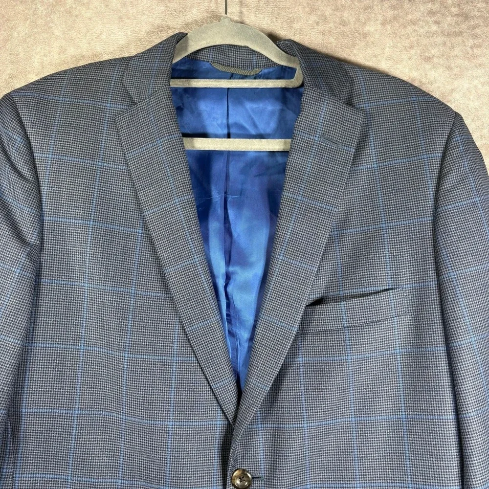 Tom James Blazer Sportcoat Men 42 Blue Windowpane Plaid Two-Button Long Sleeves